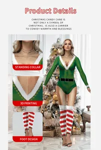 Detail view of women's Christmas elf bodysuit featuring 3D digital print and white fur trim