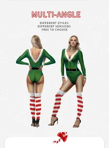 Front and back views of a sexy green Christmas elf bodysuit with striped thigh high socks