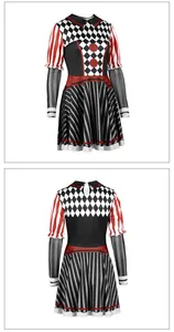 Détails avant et arrière de la robe de cosplay clown d'Halloween avec rayures et tulle