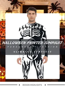 Detailed view of Halloween jumpsuit with skeleton print and front zipper closure
