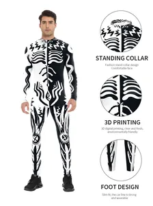 Detailed 3D skeleton digital print and stand collar on men's slim fit jumpsuit