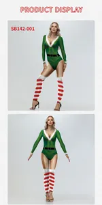 Detail of Christmas elf bodysuit with gold stars, white fur trim and striped stockings