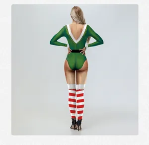 Detail view of a green Christmas bodysuit with deep V-back and striped stockings