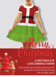 Détail d'une robe de Noël avec motifs festifs rouge, blanc, vert et un design de ceinture