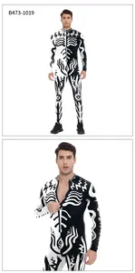 Detail of front zipper and monochrome bone pattern on a men's slim-fit bodysuit