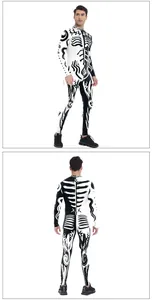 Detailed front and back view of skeleton bone digital print jumpsuit for Halloween