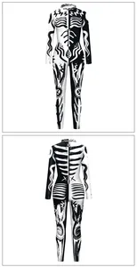 Front and back view of long sleeve jumpsuit with skeleton and tribal print design