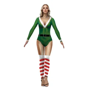 Women Christmas Elf Bodysuit And Striped Thigh High Socks Polyester Spandex V-Neck Plush Trim Festive Party Costume