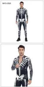 Detail view of Halloween skeleton bodysuit with front zipper and durable digital printing