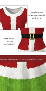 Détail d'une robe imprimée Père Noël avec col en fausse fourrure et ceinture imprimée