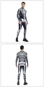 Front and back view of men skeleton bodysuit with digital bone print for Halloween
