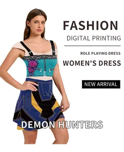 Close-up of sleeveless K-pop dress with digital floral printing and demon hunter theme