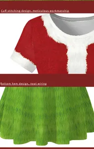 Détails de la robe de Noël rouge et verte avec bordure en peluche blanche et coutures fines