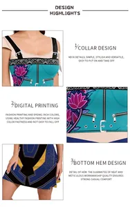 Detail of K-POP performance dress showing digital lotus print and metal buckle neckline