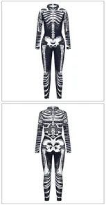 Front and back view of skeleton print jumpsuit with high collar and back zipper