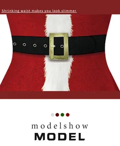 Détail d'une robe de Noël avec bordure en fausse fourrure blanche et ceinture noire à boucle
