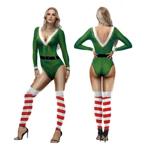 Women's green Christmas bodysuit with white faux fur trim and red striped knee-high socks