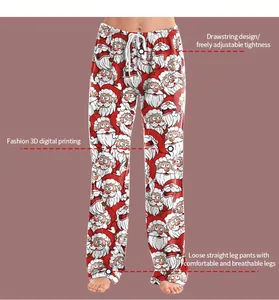 Detail of adjustable white drawstring and 3D Santa Claus print on Christmas pants