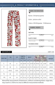 Detailed size chart for Christmas themed trousers with red Santa print and fabric specs