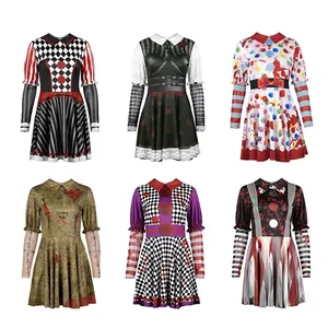 Robe Cosplay de Clown d'Horreur d'Halloween pour Femmes Impression 3D Manches Longues Gothique Fête Éclaboussures de Sang Robe Courte