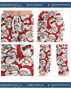 Detail view of Christmas lounge pants showing Santa print, drawstring waist and soft fabric