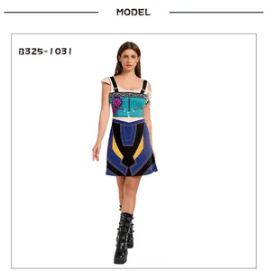 Front view of sleeveless K-POP stage dress with digital belt and floral prints