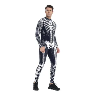 Full body skeleton print jumpsuit for Halloween cosplay with a sleek black bodysuit design