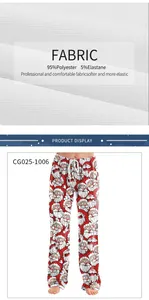 Detail of Christmas leggings showing Santa print and 95% polyester fabric composition