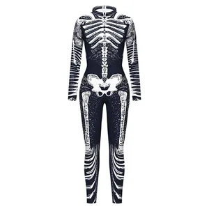 Women Halloween jumpsuit with realistic skeletal digital print on black fabric
