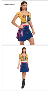 Detail of K-POP stage costume dress featuring faux jacket print and blue skirt pattern