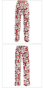 Close-up of red Christmas pajama pants with Santa Claus print and drawstring waist detail