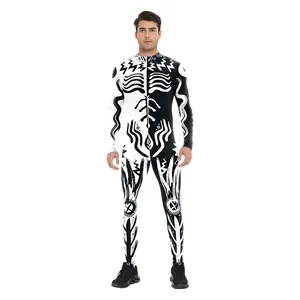 Men's Halloween skeleton jumpsuit with digital bone print and front zipper closure