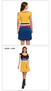 Front and back views of K-pop stage outfit with yellow top and chain-detailed skirt