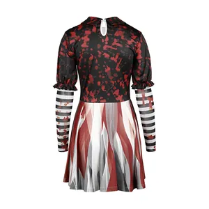 Robe costume de clown d'Halloween avec taches de sang et manches rayées pour filles