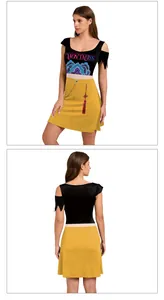 Detail of off-shoulder K-pop stage dress with faux chain print and gradient letters