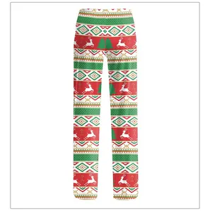 Detail of Christmas Fair Isle pattern on red pants with reindeer and tree prints