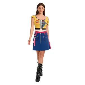 K-POP stage outfit for women featuring yellow off-shoulder crop top and blue printed skirt