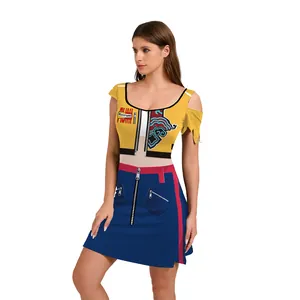 K-pop stage outfit featuring a yellow off-shoulder top and blue printed skirt set