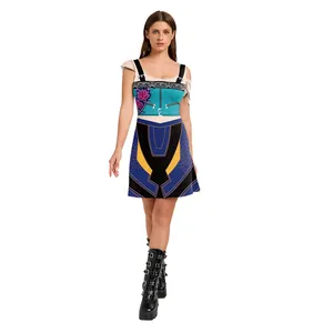 K-POP idol style sleeveless dress with lotus print and industrial metal zipper detail