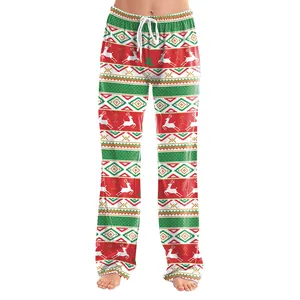 Women's Christmas lounge pants with reindeer and geometric prints in festive red and green