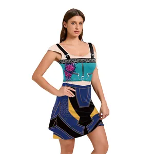 K-POP style sleeveless mini dress with blue and green geometric prints for women