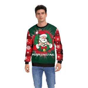 Sweatshirt de Noël pour hommes avec motif Père Noël et manches à carreaux