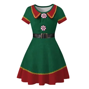 Robe de Noël style lutin en vert foncé et rouge avec des boutons de bonbons