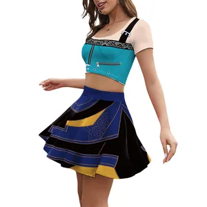 Costume deux pièces K-pop pour femmes avec haut court bleu et jupe plissée à motifs