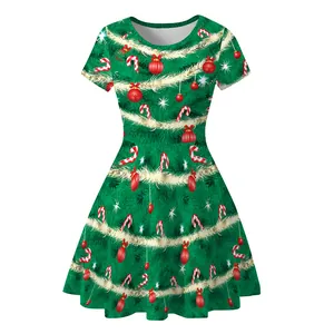 Robe de Noël évasée à manches courtes pour femme avec imprimés sapins et sucres d'orge