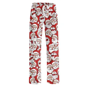 Women's red Christmas lounge pants with cartoon Santa Claus print and drawstring waist
