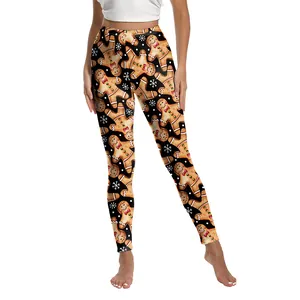 Leggings de Noël pour Femmes Taille Haute Pantalons de Yoga Avec Imprimé Bonhomme de Pain d'Épices Flocon de Neige Polyester
