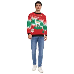 Sweat-shirt de Noël pour hommes avec col rond, motifs tie-dye et imprimé renne festif