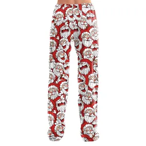 Red Christmas pajama pants for women featuring cartoon Santa Claus digital prints