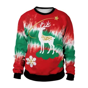 Sweat-shirt de Noël tie-dye avec renne blanc et étoiles dorées sur tissu rouge vert blanc